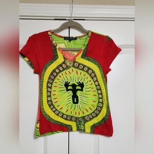 Vintage BCBG  RED/ Green/ Yellow Psychedelic Abstract V-Neck Top